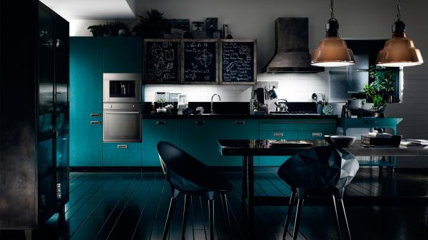 Blue and black kitchen