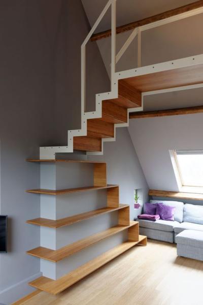 Stairs to the attic in a small house 12fe104585aa65745b2dc0f9ae8b6c03
