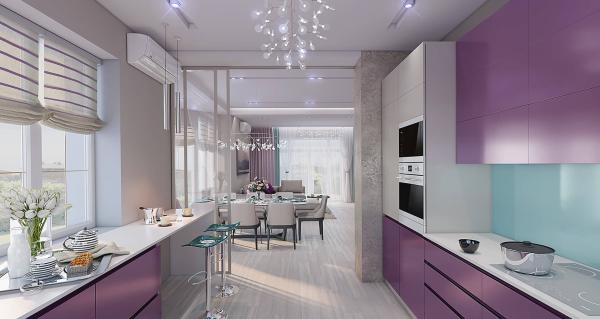 The kitchen is bright and modern with a design in lilac tones