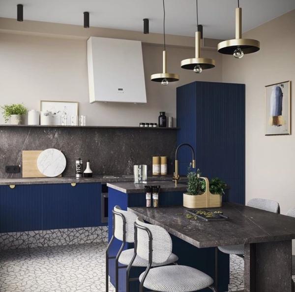 blue with classic gray kitchen