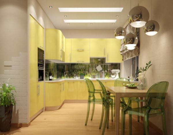 Design of a bright kitchen in a modern style with yellow tones