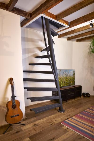 Stairs to the attic in a small house cf7ae40ee0067f501bd8f2ef222524b9