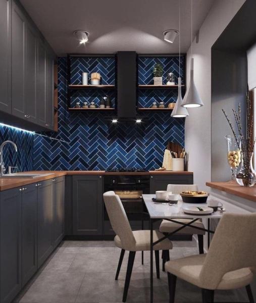 deep blue with classic gray kitchen